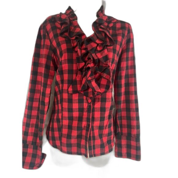 Fun Harve' Bernard  ruffled red black buffalo check blouse  size M - Picture 1 of 10